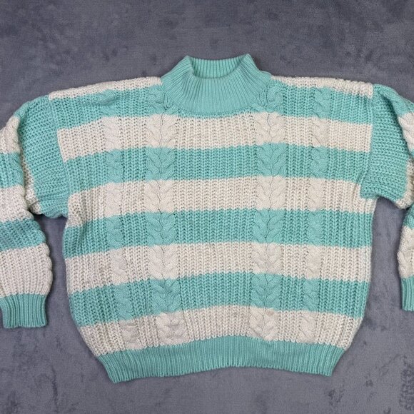 Gerard Works Sweater Womens M Vintage 80s Striped White Teal Chunky Cable Knit - Picture 9 of 11